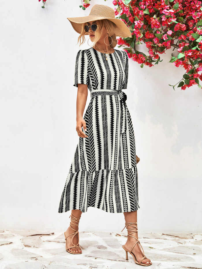 Summer Vintage Elegant Print Puff Sleeve Loose Casual A-Line Maxi Dress