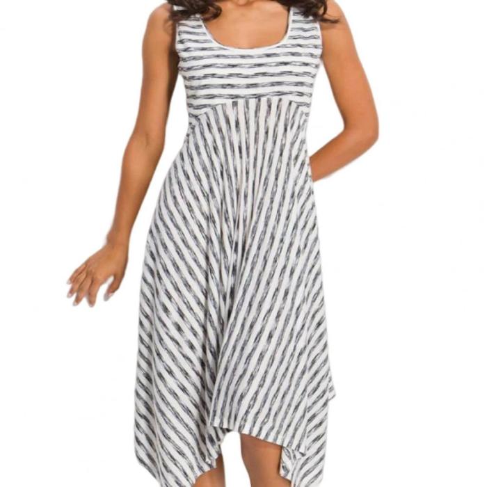 Summer U-neck Sleeveless Irregular Stripe Print Sexy Casual Midi Dress