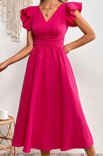 Summer Fashion Elegant V Neck Ruffle Sleeves Solid Color High Waist  Midi Dress