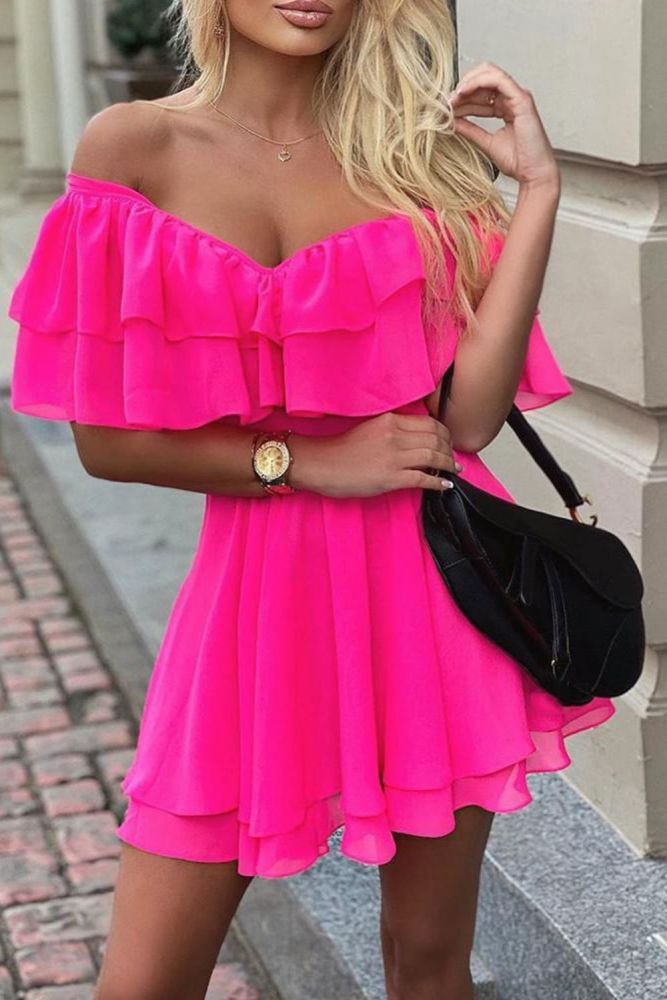 Elegant Off Shoulder Ruffle Solid Color Casual Mini Elegant Dress