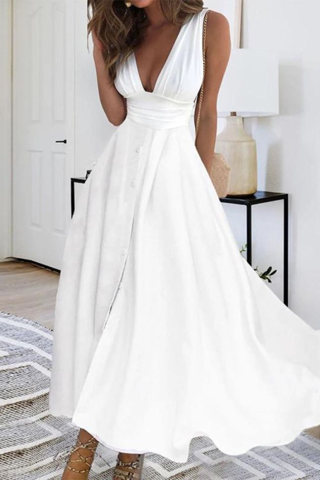 Summer V Neck Solid Color Elegant Casual Sleeveless High Waist Party  Midi Dress