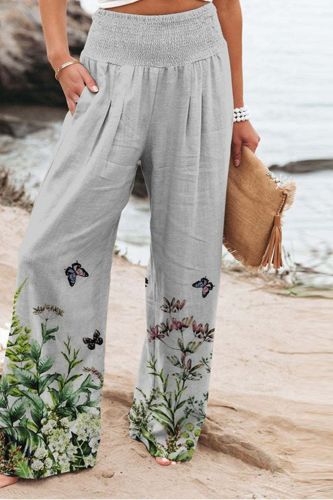 Women Fashion Print Street Casual Stretch High Waist Loose Wide Leg Pants