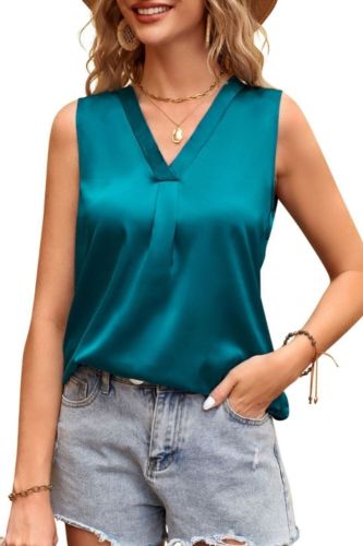 Ladies Solid Color Top V Neck Tank Top Sleeveless Satin Silk Tank Top  T-Shirts