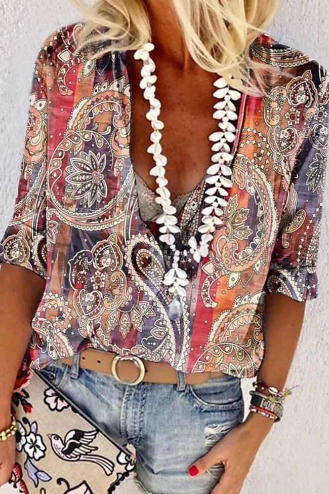 Women's V-Neck Printed Panel Casual Resort  Blouses & Shirts