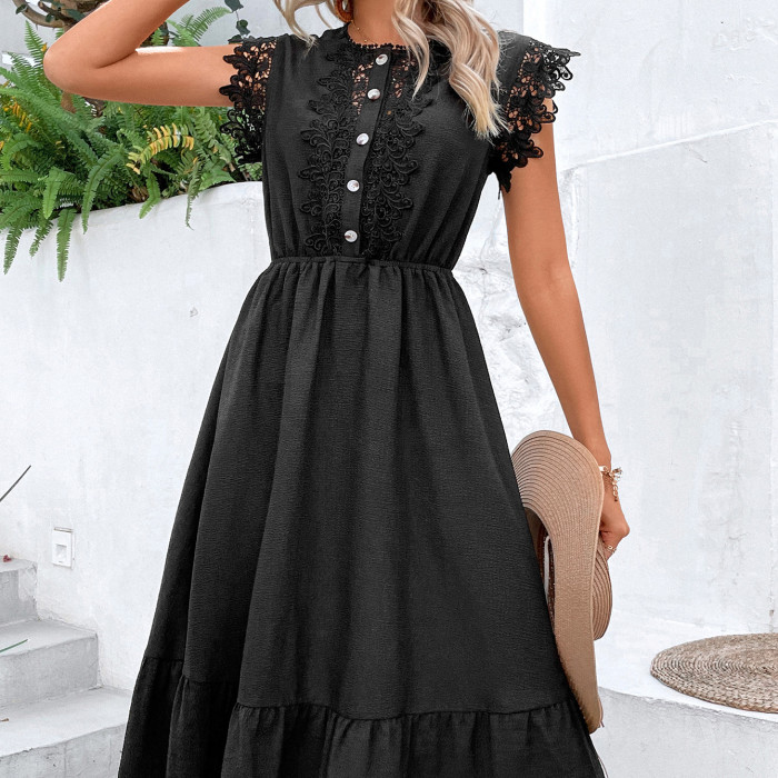 Women's Lace Ruffle Solid Color High Waist Fashion Mid  Dress