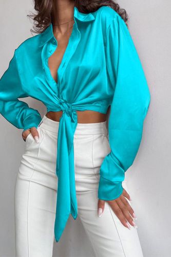 Fashion Temperament Lapel Long Sleeve Tie Navel Cropped Top  Blouses & Shirts
