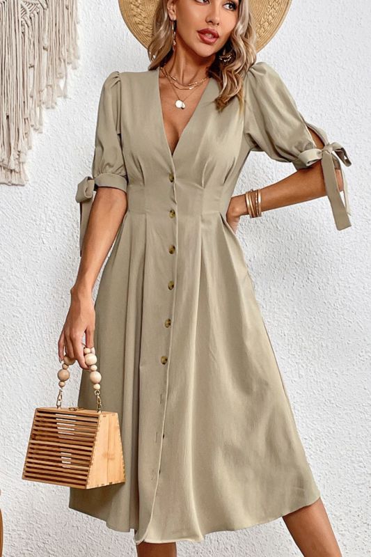 Summer Women's Fashion Casual Elegant Button Short Sleeve Midi Dress