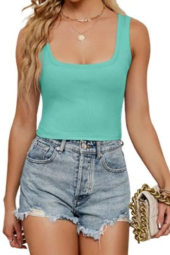 Ladies Slim Fit Knit Pleated Thin Tank Top Sleeveless Solid Color T-Shirt