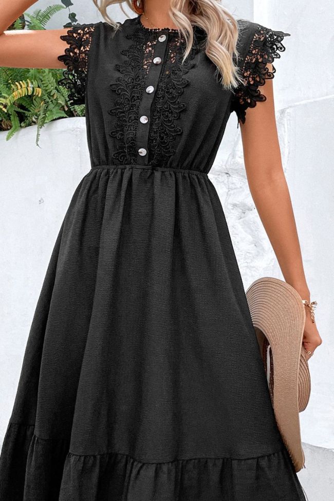 Women's Lace Ruffle Solid Color High Waist Fashion Mid  Dress