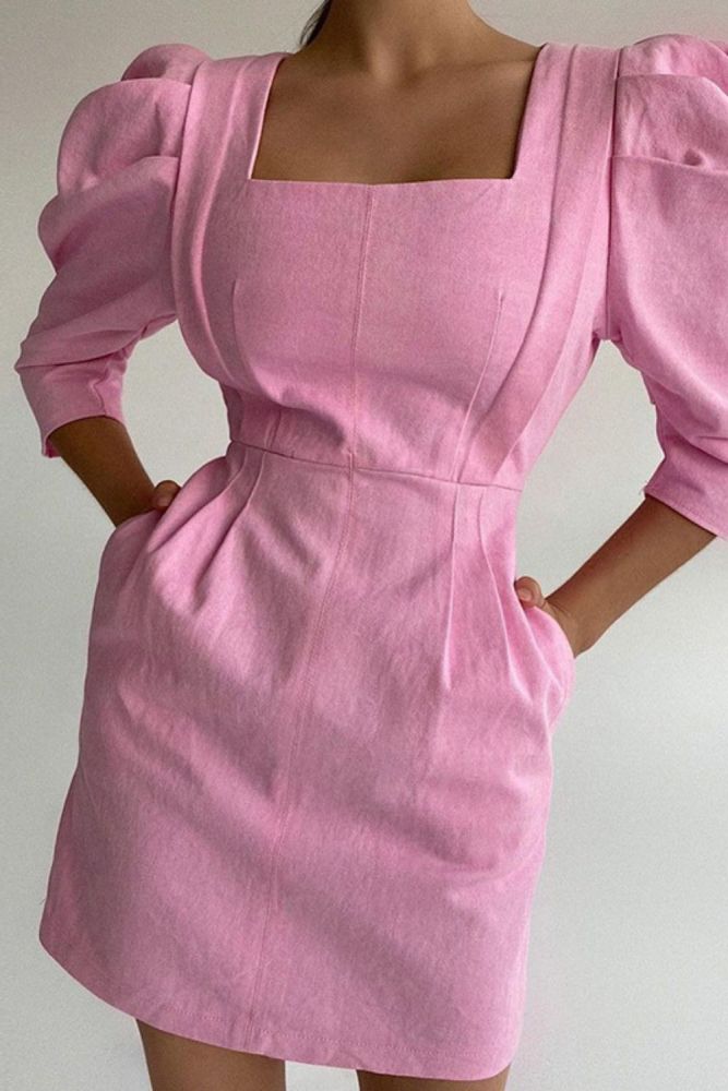 Elegant 3/4 Sleeve Solid Color Fashion Square Neck Linen Mini Dress