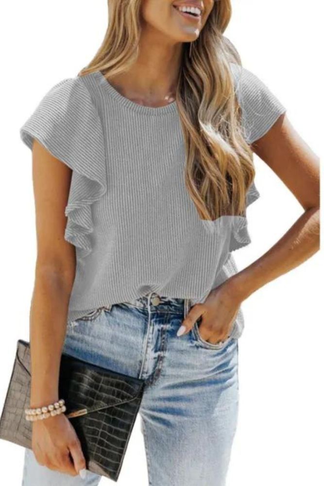 Women's Rib Knit Ruffle Casual Crew Neck Top T-Shirt