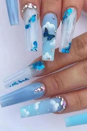 24PCS Blue Ice Butterfly Shiny Diamond Dress Long Nail Art