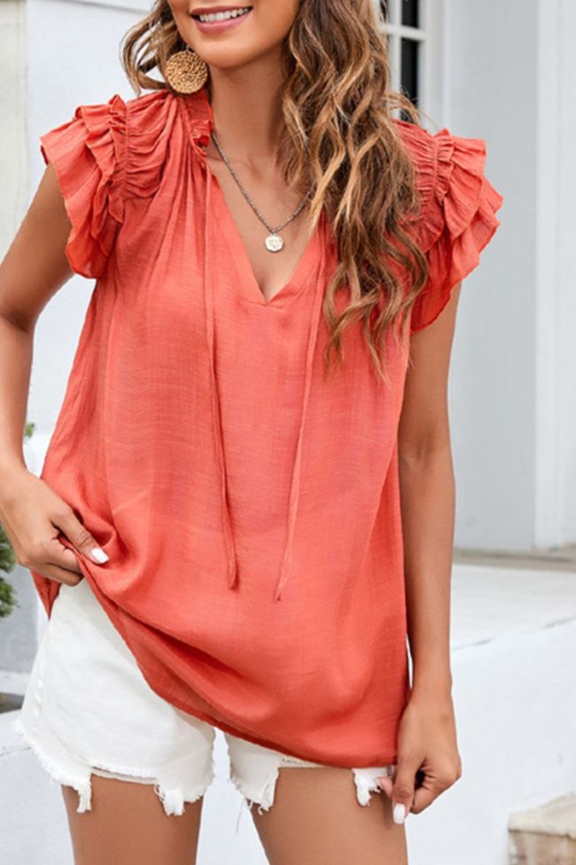 Summer Wide Sleeve Tie Elegant Solid Color V Neck Cotton Linen Top Blouses & Shirts