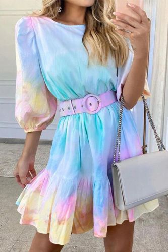 Women's Elegant Tie Dye Print Ruffle O-Neck A Line Mini Dress