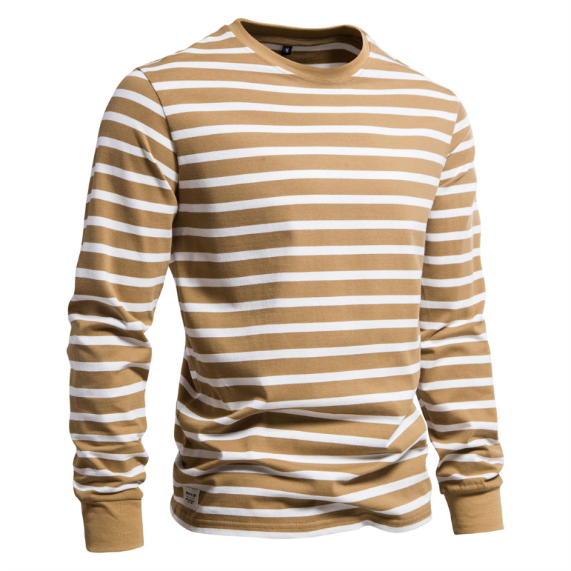 100% Cotton Long Sleeve Contrasting Color Stripe Round Neck Men's T-Shirt
