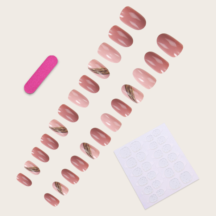24PCS Fashion Solid Color French Gold Powder Detachable Wearable Nails
