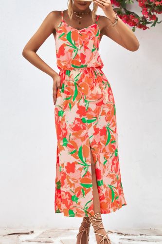 Women's Floral Casual Sleeveless Button Holiday V Neck Boho Chic Elegant  Midi Dress