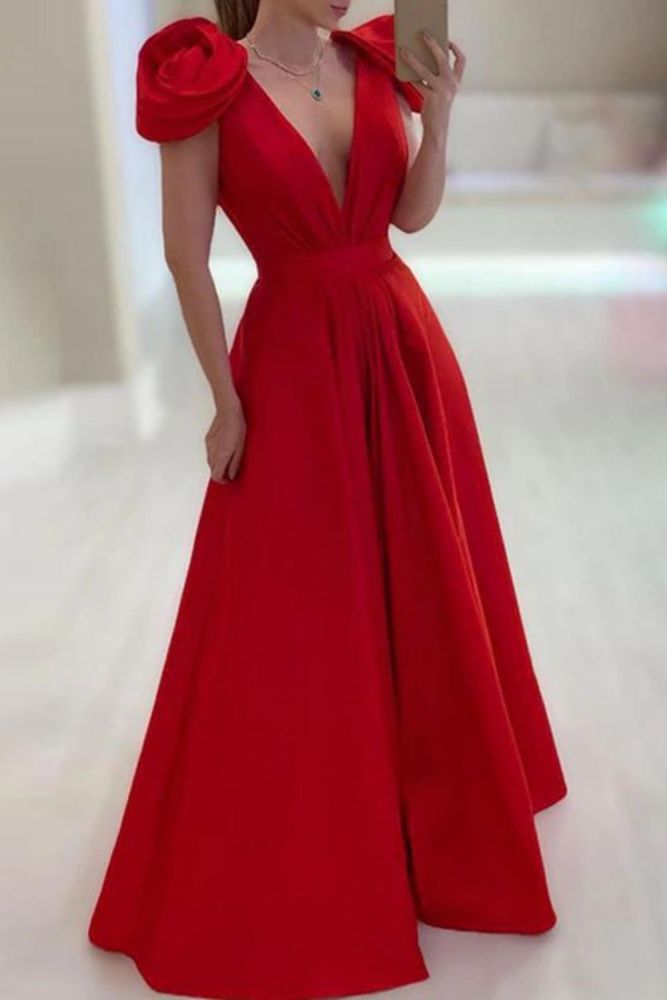 Sleeveless Slim Elegant Deep V Neck Solid Color A-Line Party  Maxi Dress