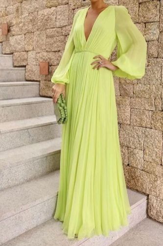 Sexy Deep V Neck Pleated Elegant Solid Color Fashion Loose  Maxi Dress