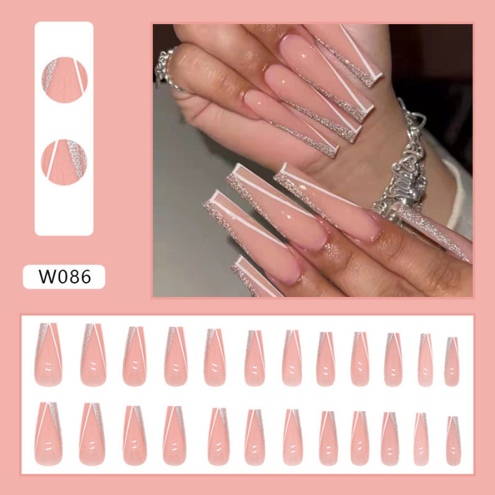 24PCS Rhinestone Pink Geometric Line French Color Matching Dressing Nails