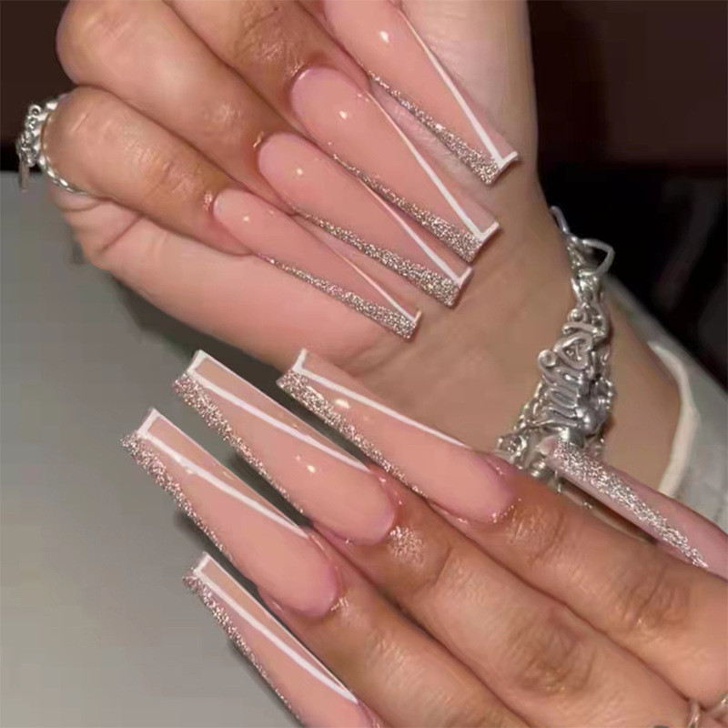 24PCS Rhinestone Pink Geometric Line French Color Matching Dressing Nails