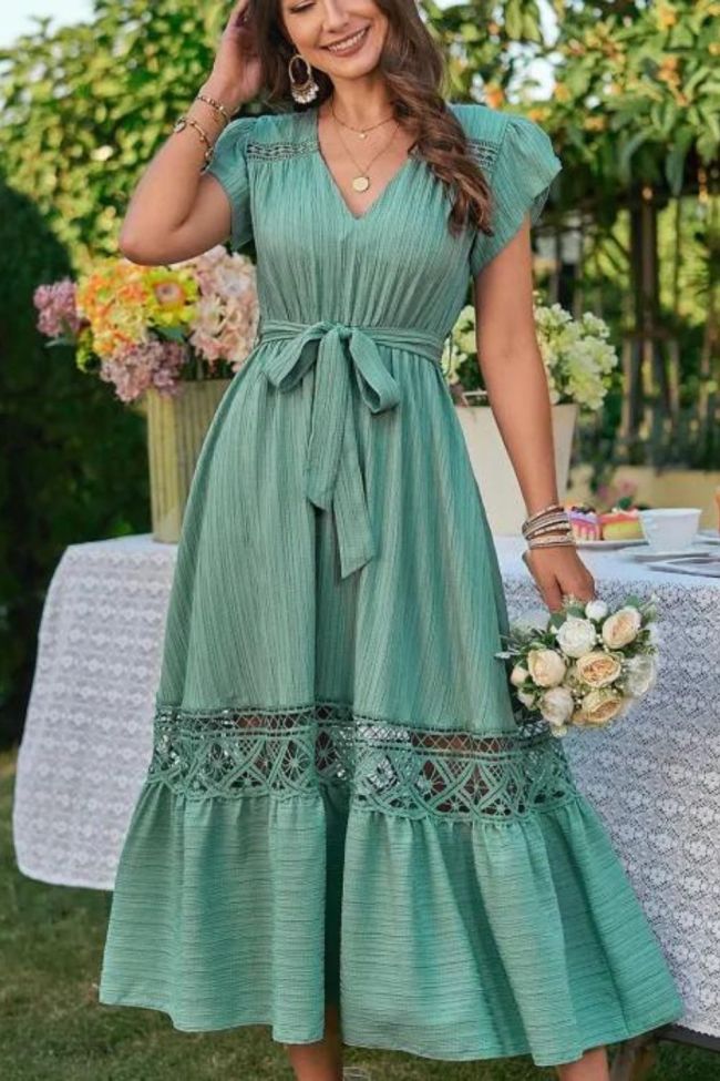 Summer Fashion V Neck High Waist Tie Fashion Casual  Midi Dress