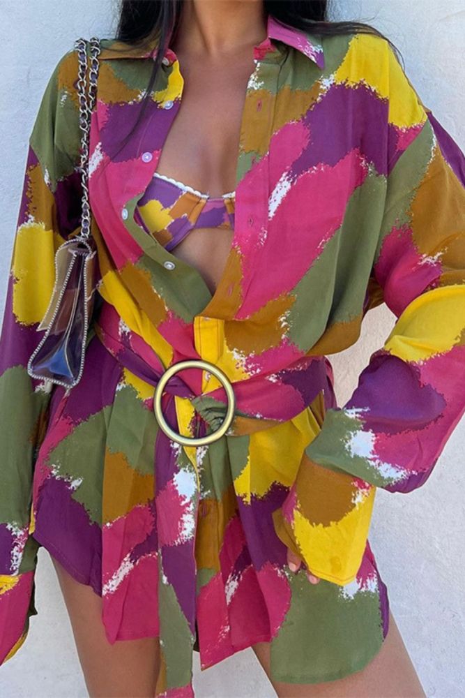 Women's Tie Dye Print Loose Bohemian Lapel Resort Shirt Mini Dress