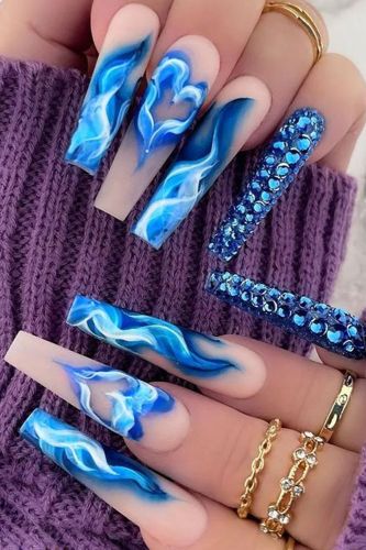 Fashion Blue Flame Love Sticker Diamond Long Wearable Detachable Nail Art