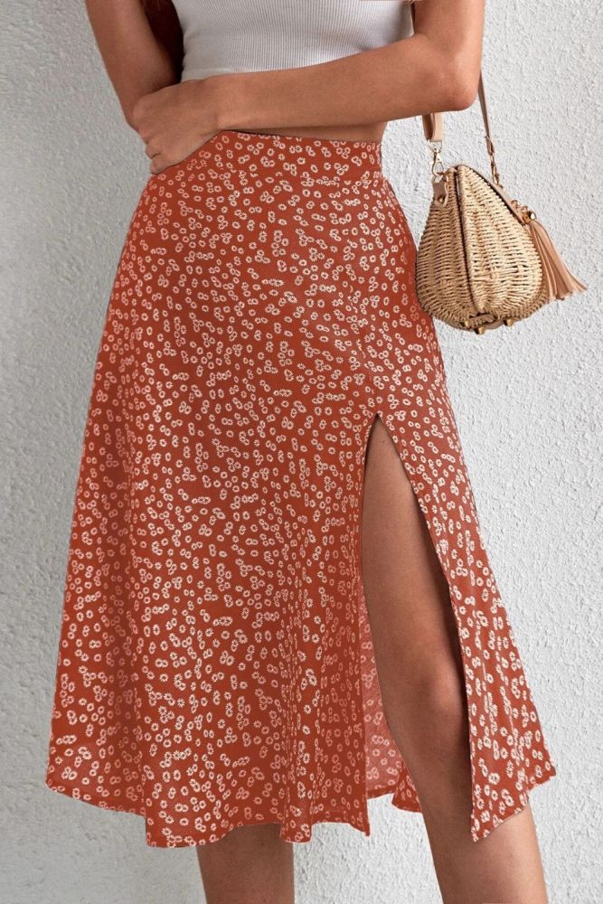 Women's Summer Solid Color Bohemian Elegant Slit Print High Waist A-Line Skirts