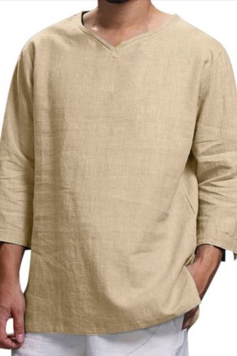 Men's V Neck Cotton Linen Solid Long Sleeve Casual Sports Fashion Linen T-Shirt Tops