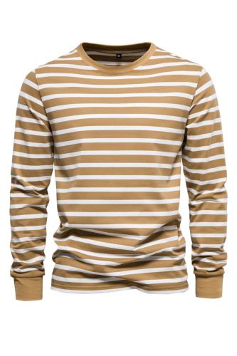 100% Cotton Long Sleeve Contrasting Color Stripe Round Neck Men's T-Shirt