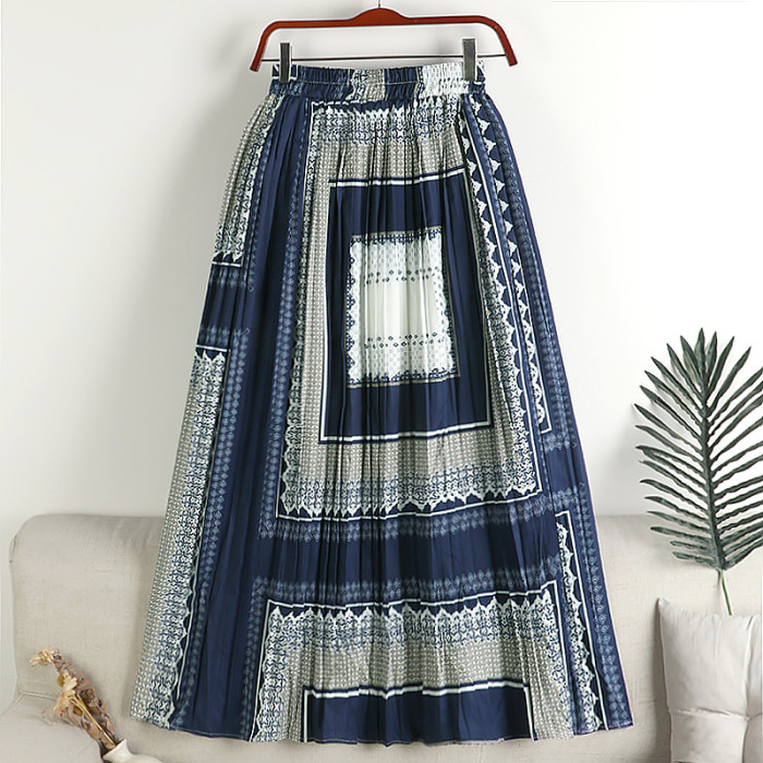 Women's Fashion Vintage Plaid Print A-Line High Waist Pleated Long Skirt