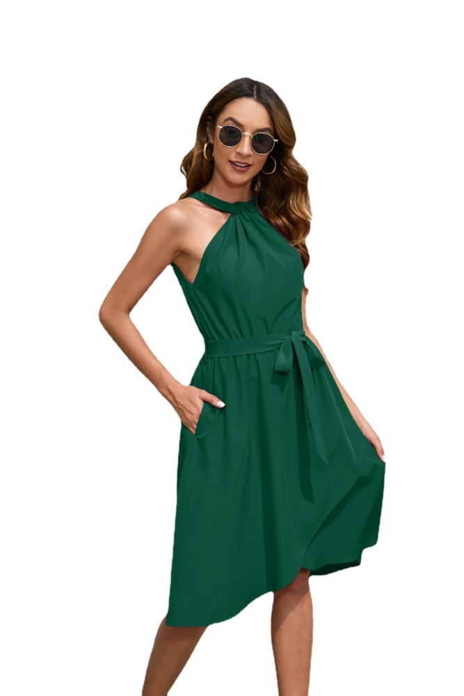 Women's Solid Color Party Fashion Dress Skirt V Neck Sleeveless Irregular Midi Dress
