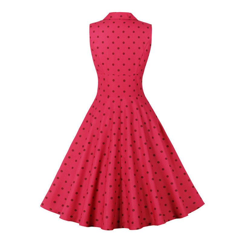 Women's Summer Sleeveless Lapel Polka Dot Print Button  1950 Vintage Dress