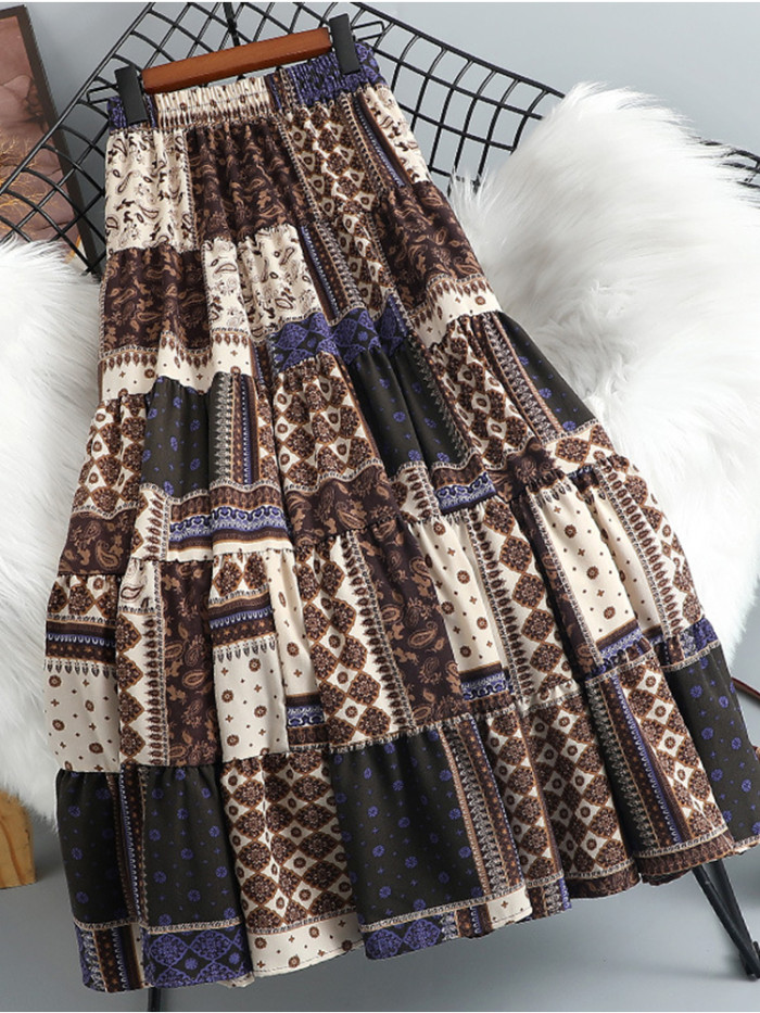 Trendy Pleated Bohemian Print Elegant A-Line High Waist Skirt