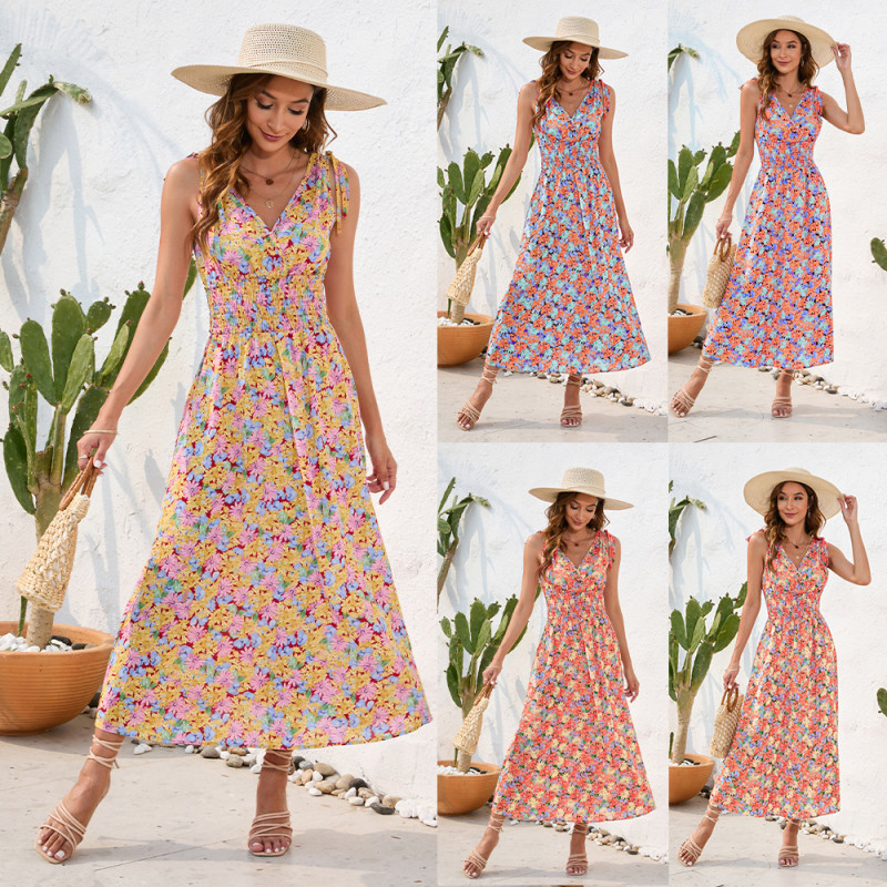 Summer Women's Fashion Floral Print V Neck Suspenders Casual Holiday Maxi Dress