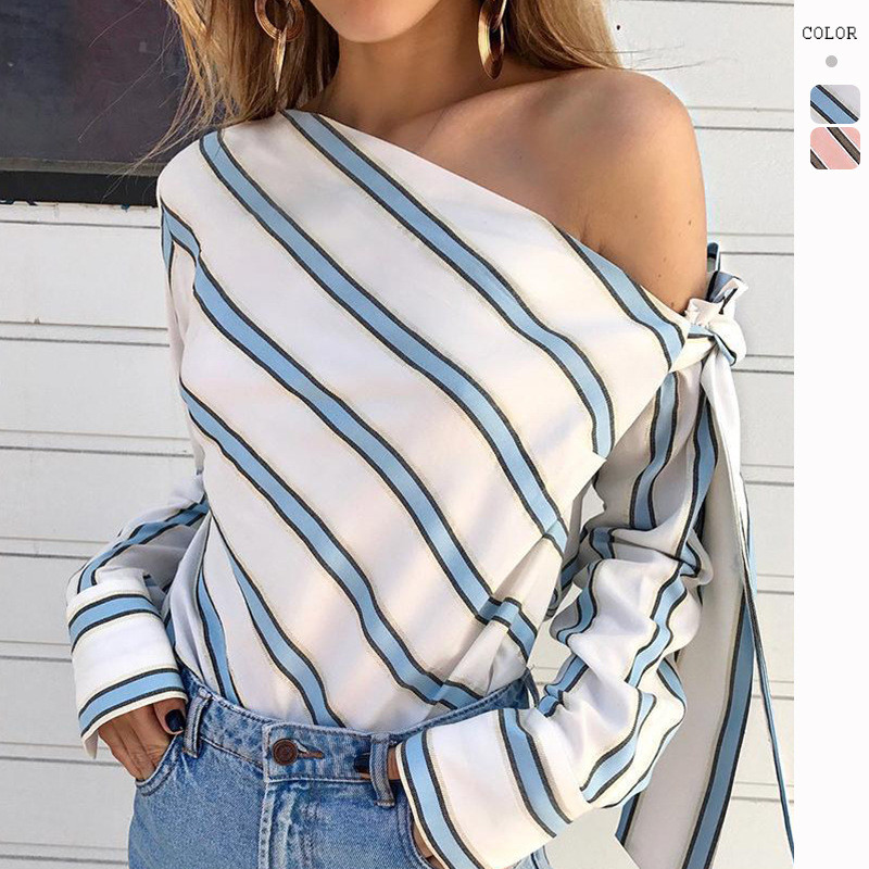 Women's Tops Simple Fashion Slanted Shoulder Lace-Up Striped  Blouses & Shirts