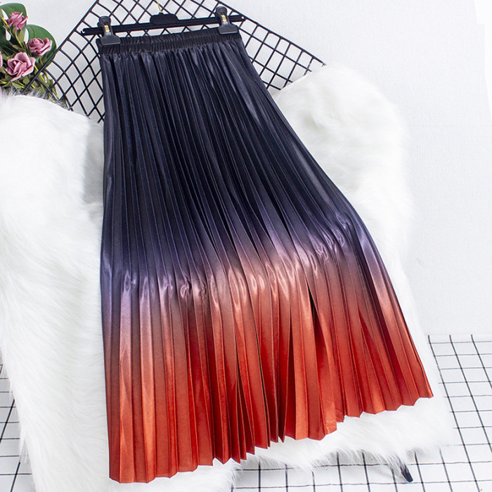 Women's Fashion Gradient Casual A-Line Elastic High Waist Pleated  Skirts