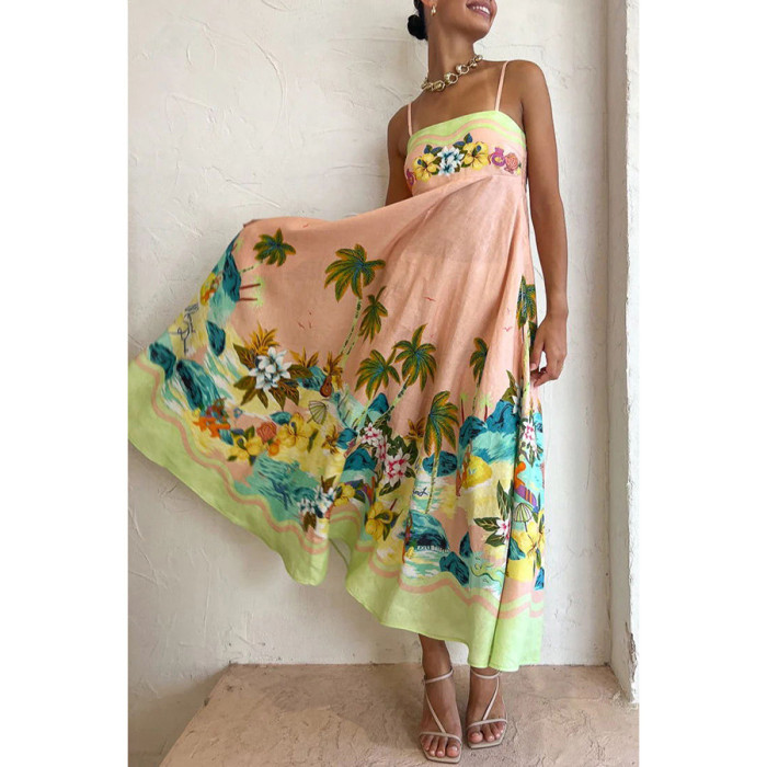 Women Fashion Sling Print Casual Loose High Waist Resort  Maxi Dress