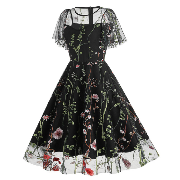 Elegant Women's Party Floral Embroidery Tulle Mesh 1950 Vintage Dress