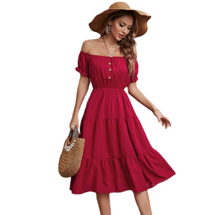 Women Fashion Solid Color Party Loose Short Sleeve Midi Dress