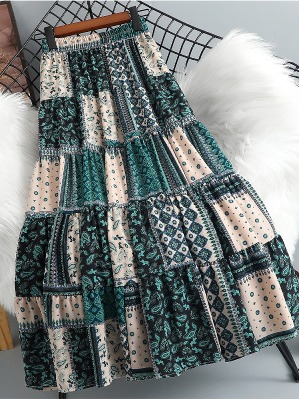 Trendy Pleated Bohemian Print Elegant A-Line High Waist Skirt