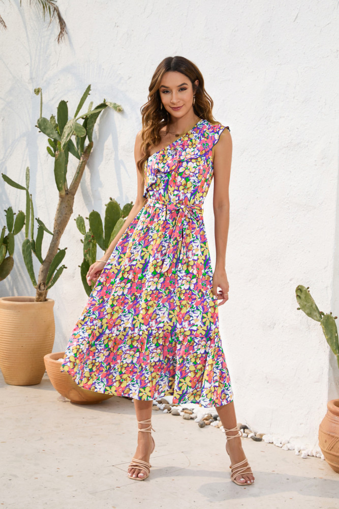 Bohemian Slant Shoulder Floral Print Casual Resort Swing  Midi Dress