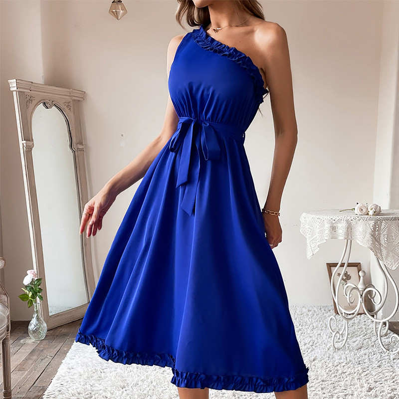 Fashion Sexy Solid Color Slanted Shoulder Elegant Party Lace  Midi Dress