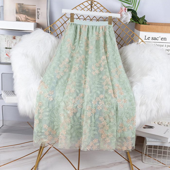 Fashion Casual Beautiful Floral Embroidery Elegant Mesh High Waist Skirts