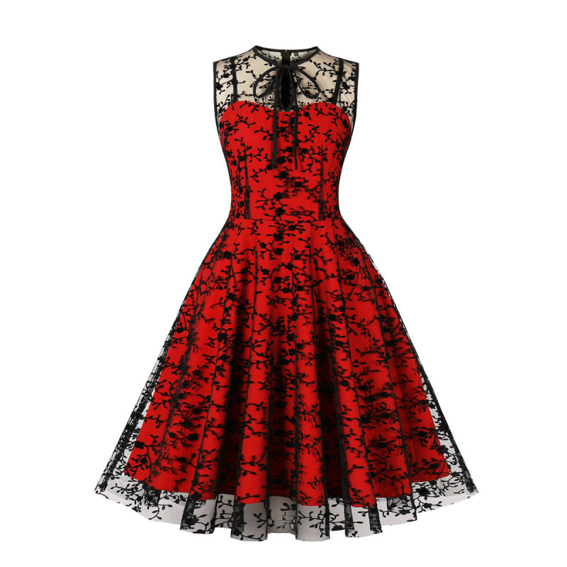 Women's Fashion Mesh Embroidery Party Sleeveless Swing Vintage Dress