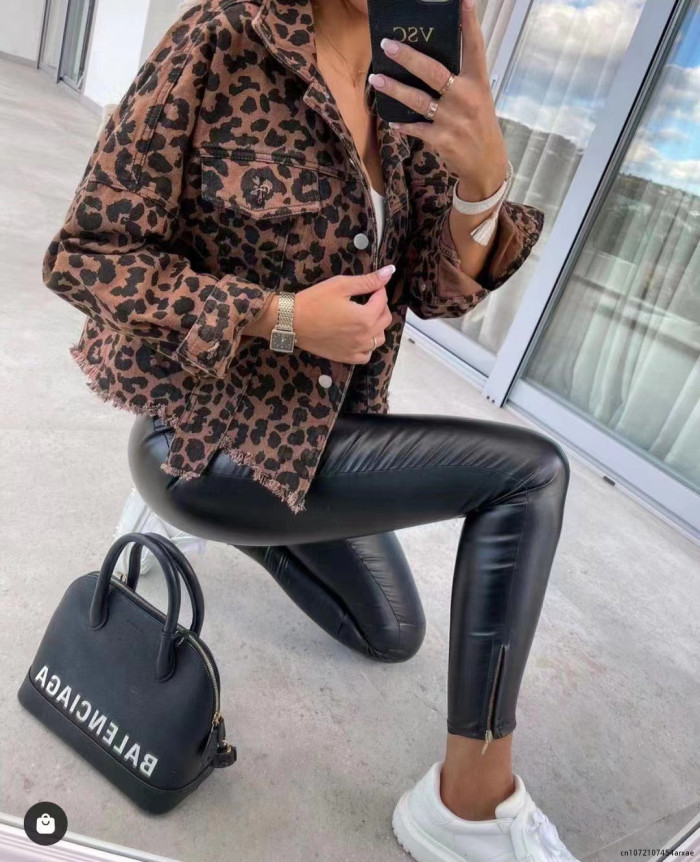 Women's Fashion Sexy Leopard Print Outerwear Single Breasted Ripped Denim Jacket