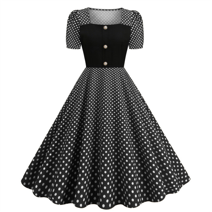 Elegant Women's Polka Dot Print Square Neck Short Sleeve Party Rock 1950 Vintage Dress