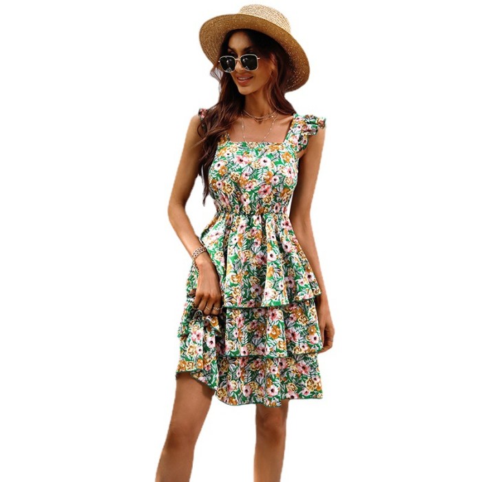 Summer Fashion Sling Party Sexy Backless Floral Cake  Mini Dress