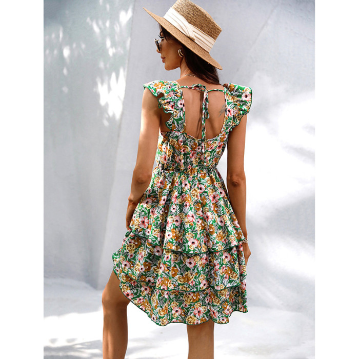 Summer Fashion Sling Party Sexy Backless Floral Cake  Mini Dress